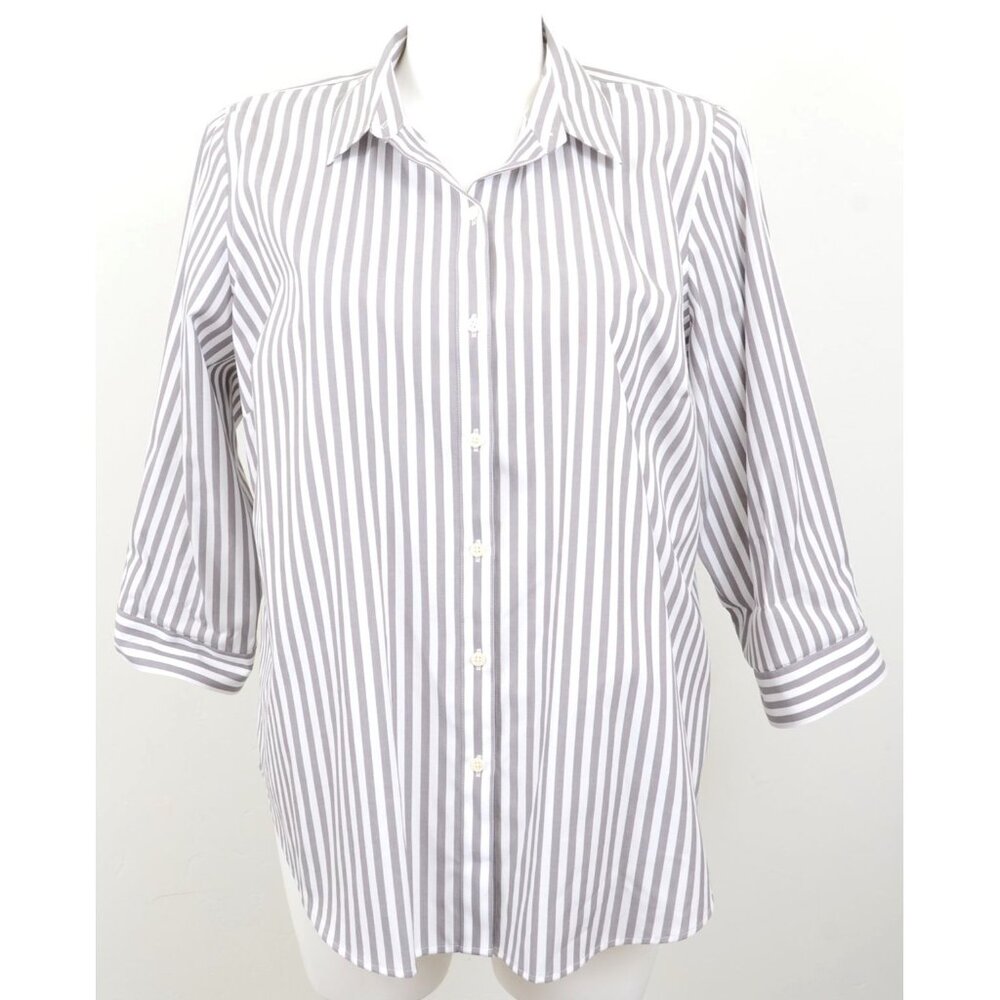 Coldwater Creek Women's PLUS 20W Grey White Striped Cotton 3/4 Sleeve Blouse Top